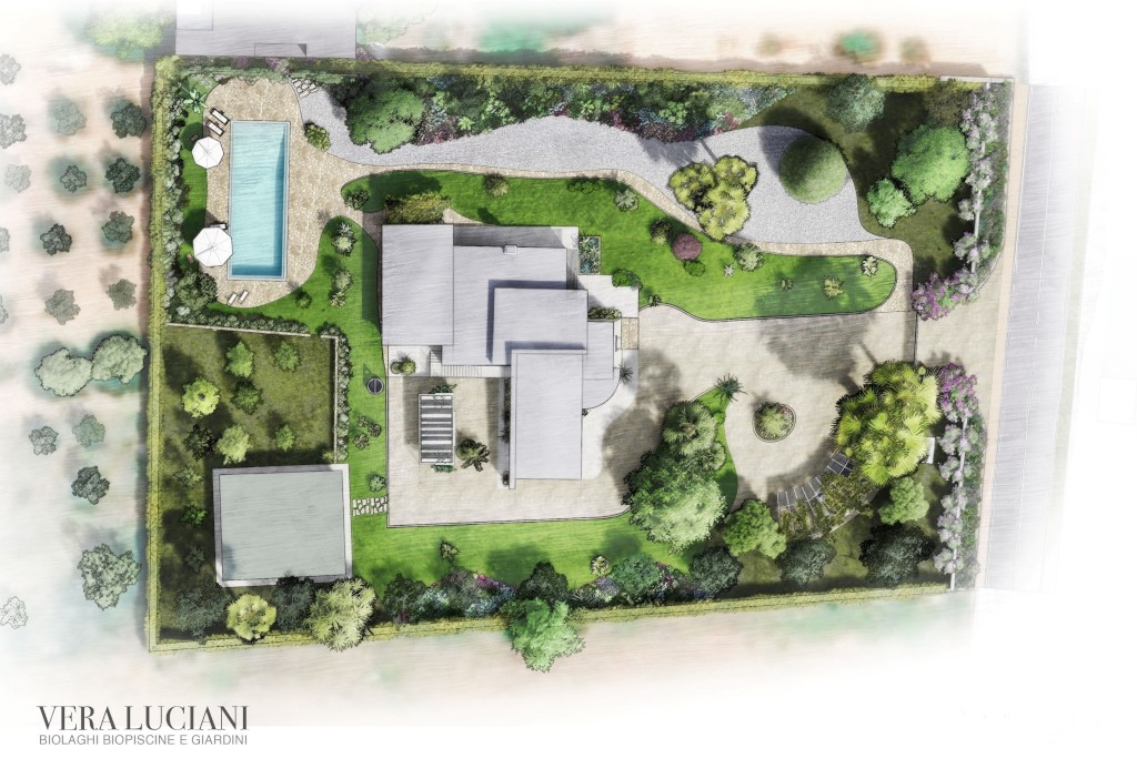 garden and natural swimming pool render