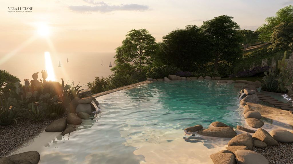 piscina design con rocce cascate panoramica